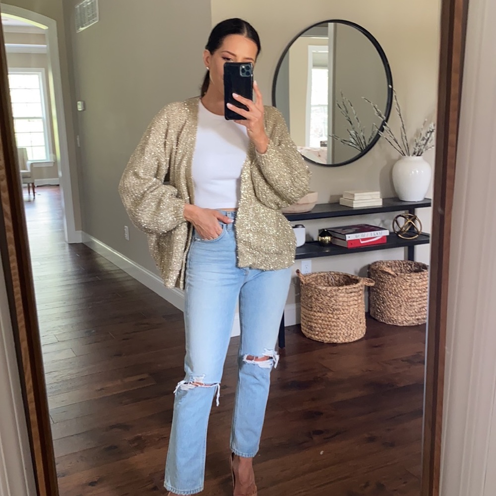 Gold Shimmer Cardigan with statement sleeves